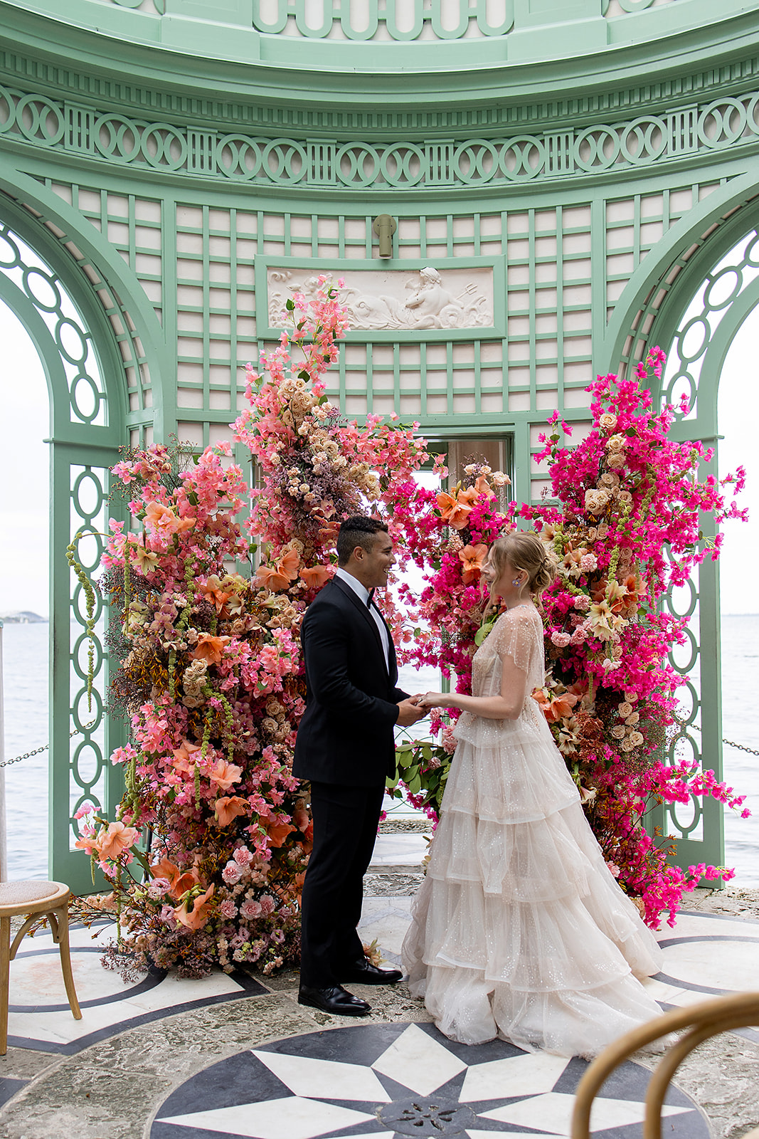 Bride and groom exchange vows at the Tea House at Vizcaya Museum and Gardens