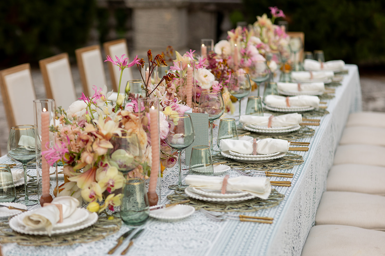 Elegant outdoor wedding reception setup on the terrace at Vizcaya.